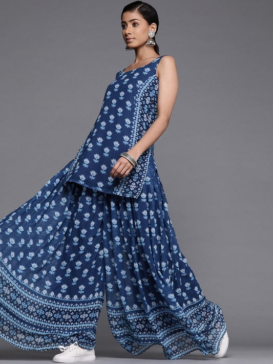 Blue Georgette Printed Palazzo Suit - Inddus.com