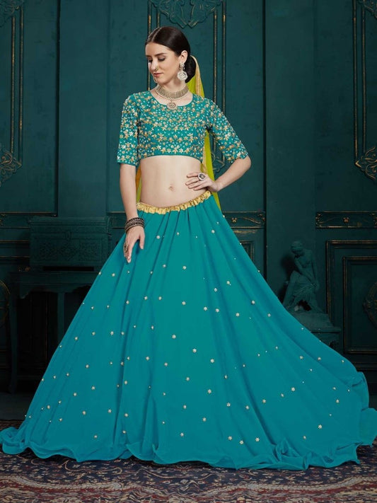 Blue Georgette Wedding Lehenga Choli - inddus-us