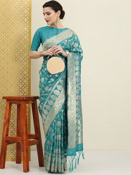 Blue & Gold-Toned Ethnic Motifs Zari Silk Blend Banarasi Saree - Inddus.com