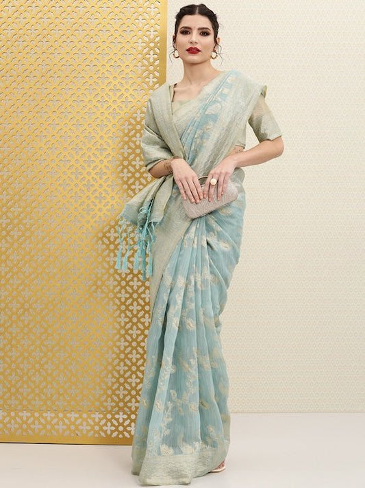 Blue & Golden Ethnic Woven Design Jashn Saree - Inddus.com