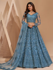 Blue Net Partywear Lehenga Choli - Inddus.com