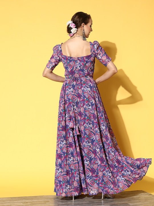 Blue & Pink Floral Georgette Maxi Dress - Inddus.com