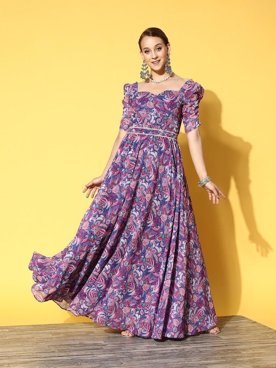 Blue & Pink Floral Georgette Maxi Dress - Inddus.com