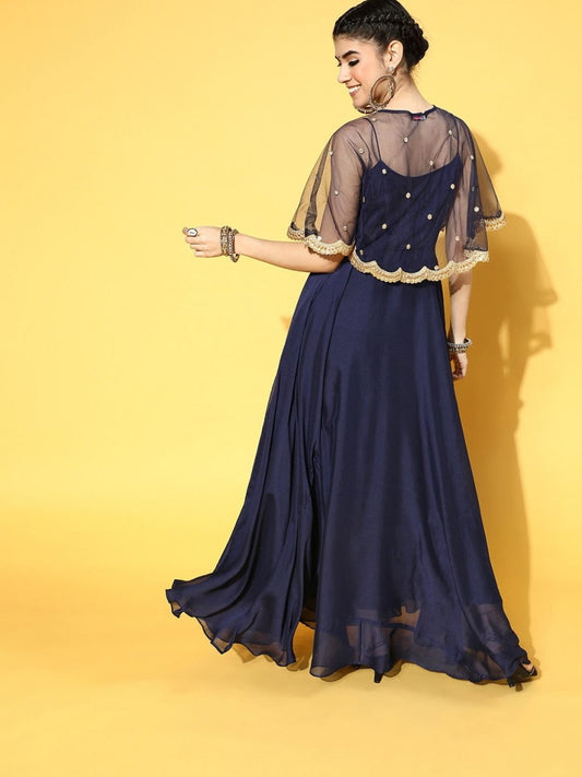 Blue Poly Silk Partywear Self Design Dresses - Inddus.com