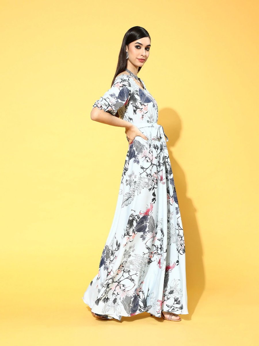 Blue Polyester Partywear Floral Dresses - Inddus.com