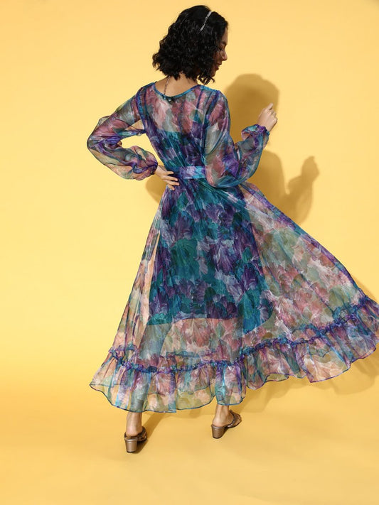 Blue & Purple Tropical Printed Fit and Flare Ruffled Gown - Inddus.com