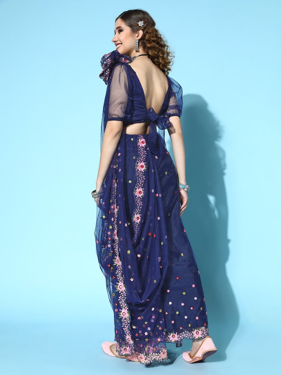 Blue Saree with Embroidered border - Inddus.com