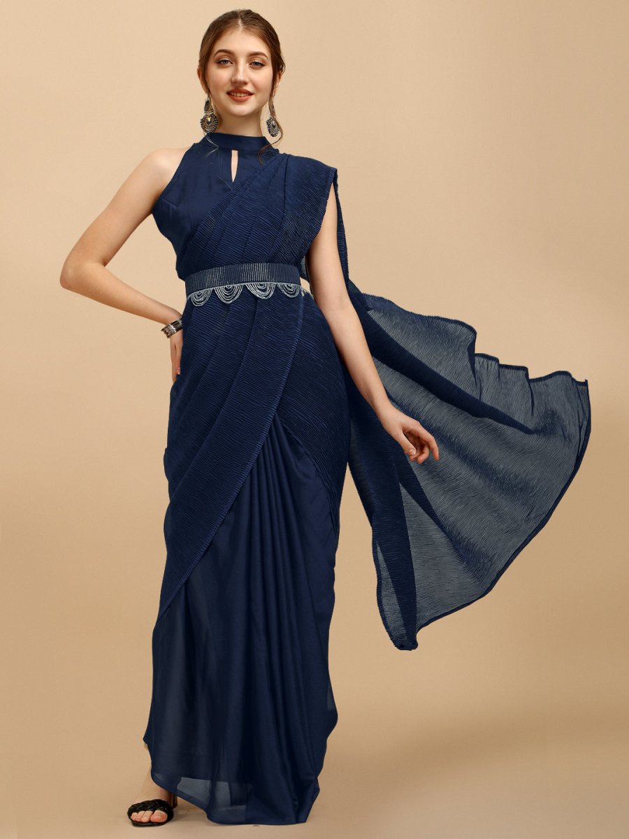 Blue Silk Blend Saree With Embellished Belt - Inddus.com