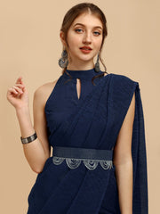 Blue Silk Blend Saree With Embellished Belt - Inddus.com