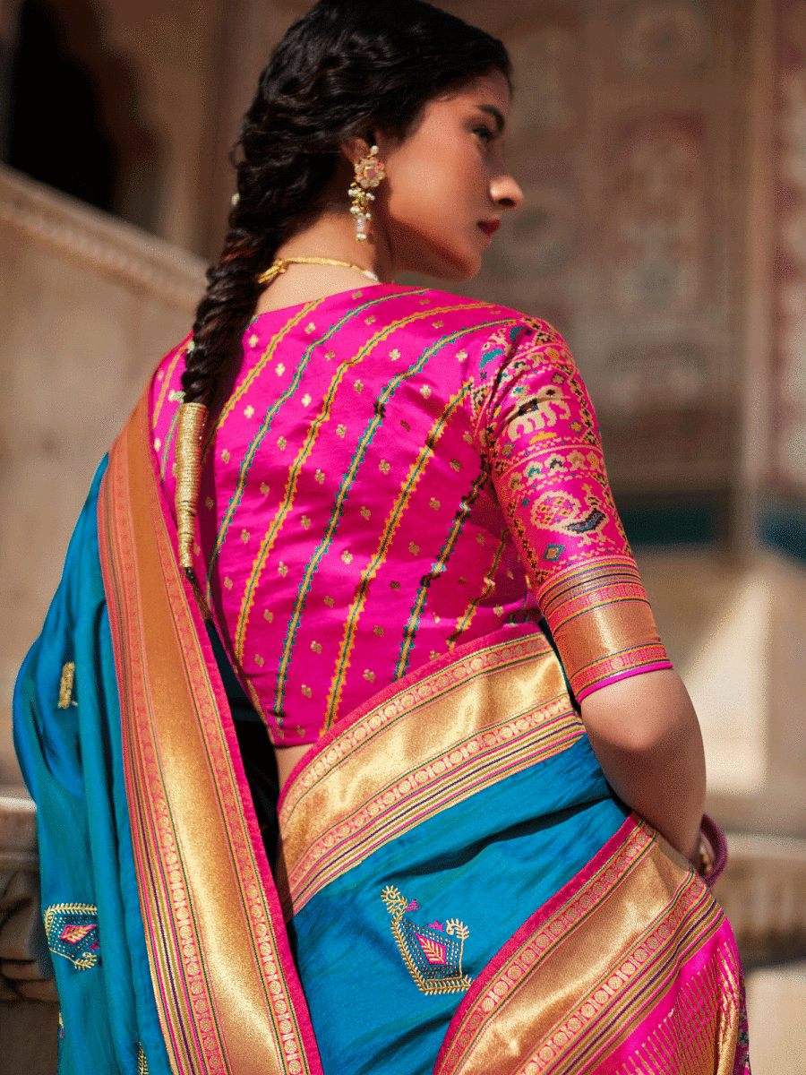 Blue Silk Embellished Saree - Inddus.com