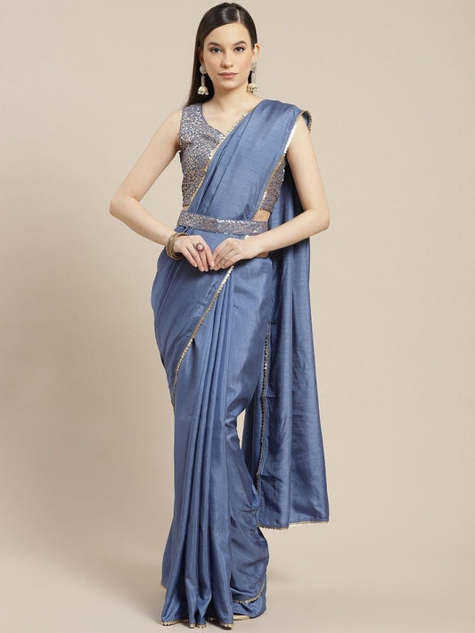 Blue Solid Saree with Belt - inddus-us