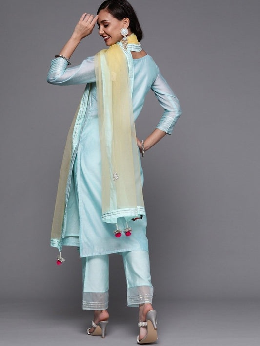 Blue Stripped Kurta with Palazzo and Yellow Dupatta - inddus-us