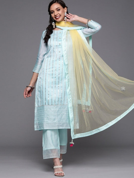 Blue Stripped Kurta with Palazzo and Yellow Dupatta - inddus-us