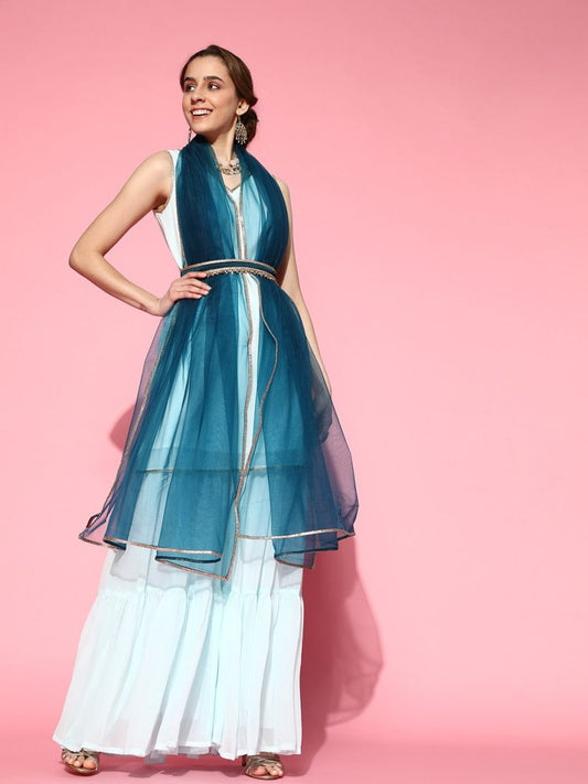 Blue Stripped Kurta with Sharara and Net Dupatta and Embellished Belt - Inddus.com