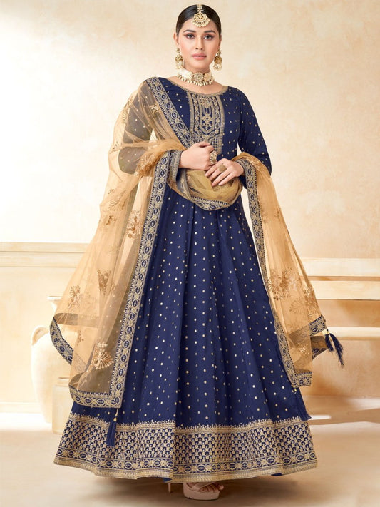 Blue Tafeta Butti Partywear Anarkali Suit - Inddus.com