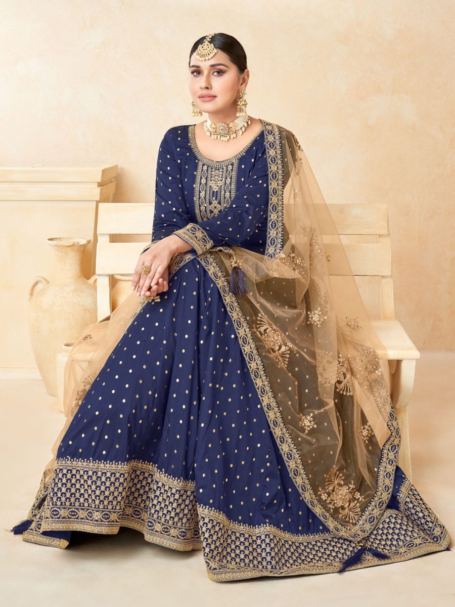 Blue Tafeta Butti Partywear Anarkali Suit - Inddus.com