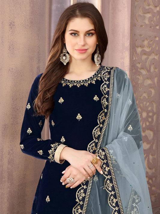 Blue Velvet Partywear Patiala Suit - Inddus.com