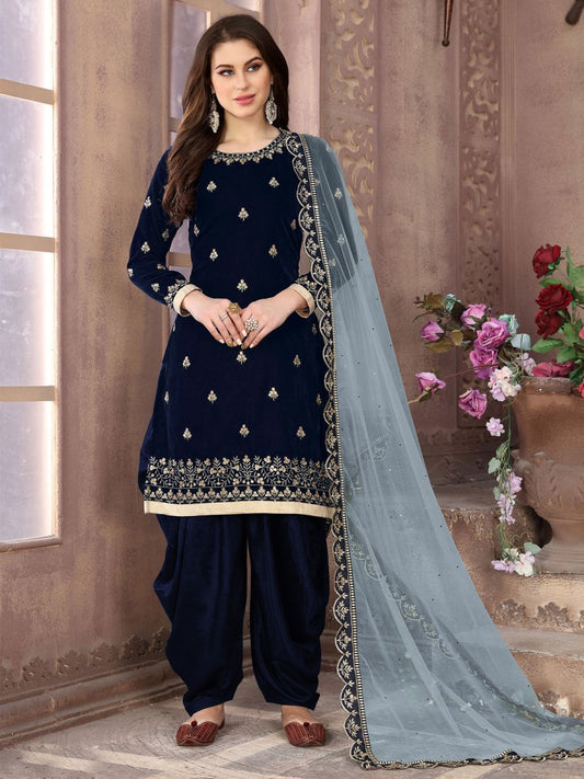 Blue Velvet Partywear Patiala Suit - Inddus.com