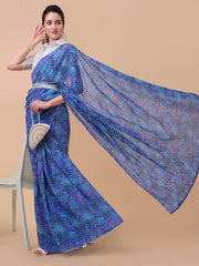 Blue & White Floral Print Saree - Inddus.com