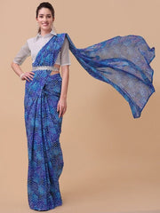 Blue & White Floral Print Saree - Inddus.com