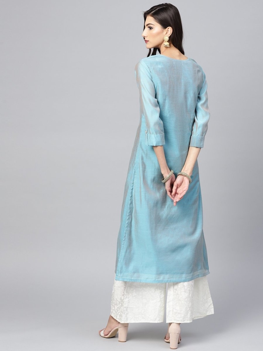 Blue & White Yoke Design Kurta with Palazzos - inddus-us