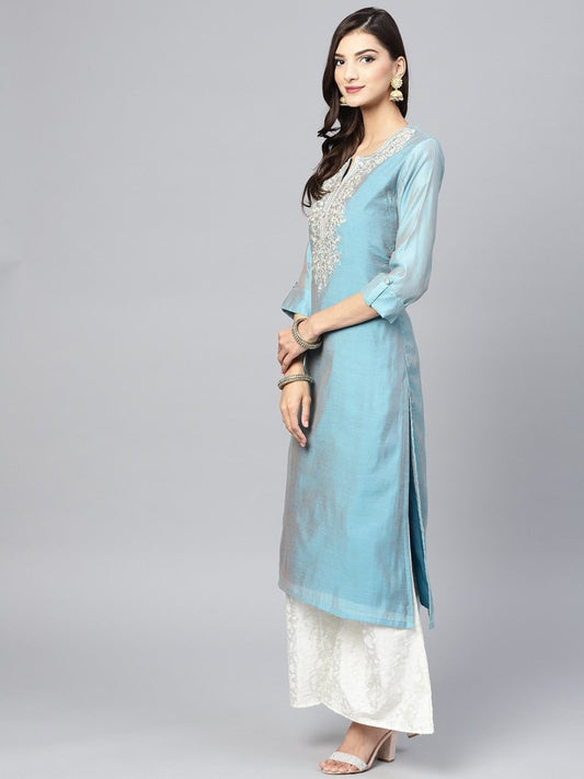 Blue & White Yoke Design Kurta with Palazzos - inddus-us