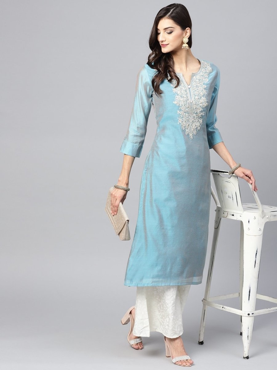 Blue & White Yoke Design Kurta with Palazzos - inddus-us