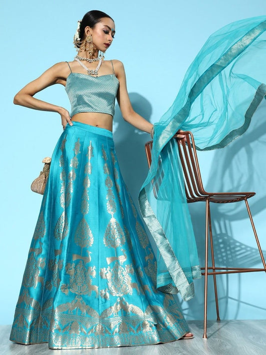 Blue Woven Lehenga with Dupatta and Blouse - Inddus.com