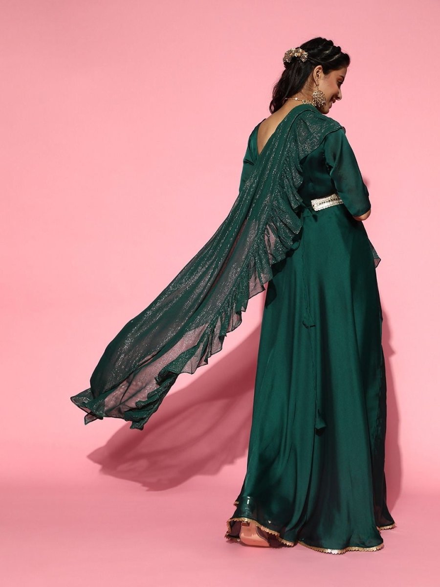 Bottle Green Anarkali Kurta with Sequinned Dupatta - Inddus.com