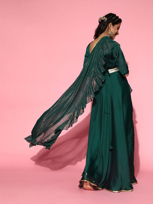 Bottle Green Anarkali Kurta with Sequinned Dupatta - Inddus.com