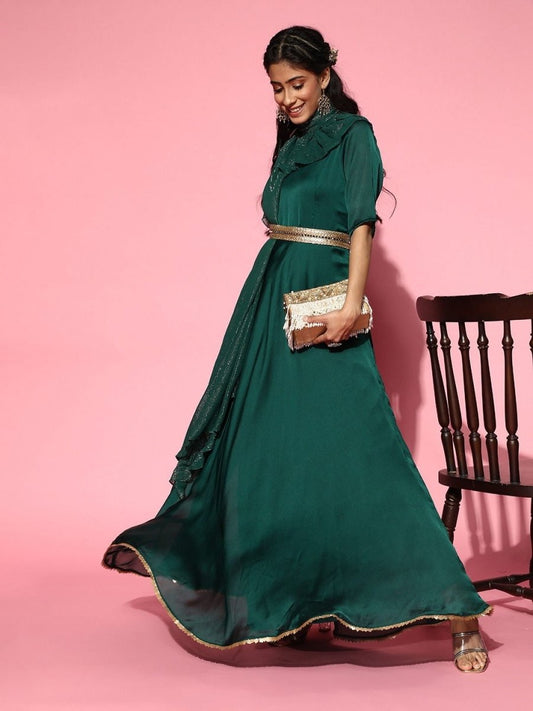 Bottle Green Anarkali Kurta with Sequinned Dupatta - Inddus.com