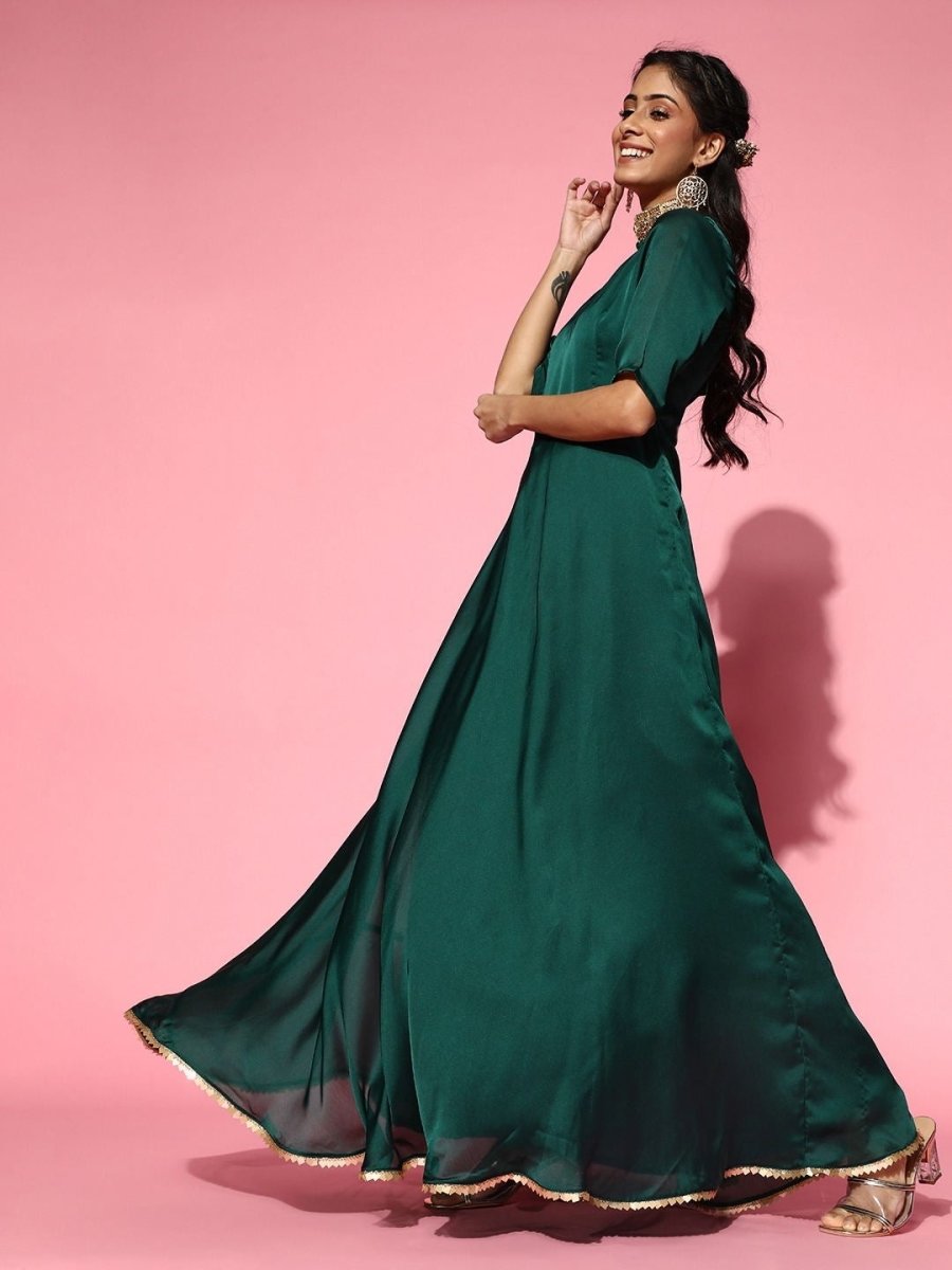 Bottle Green Anarkali Kurta with Sequinned Dupatta - Inddus.com