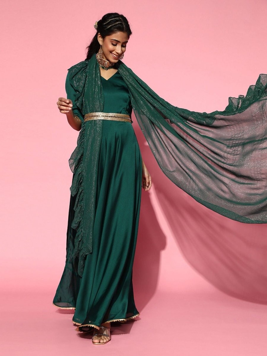 Bottle Green Anarkali Kurta with Sequinned Dupatta - Inddus.com