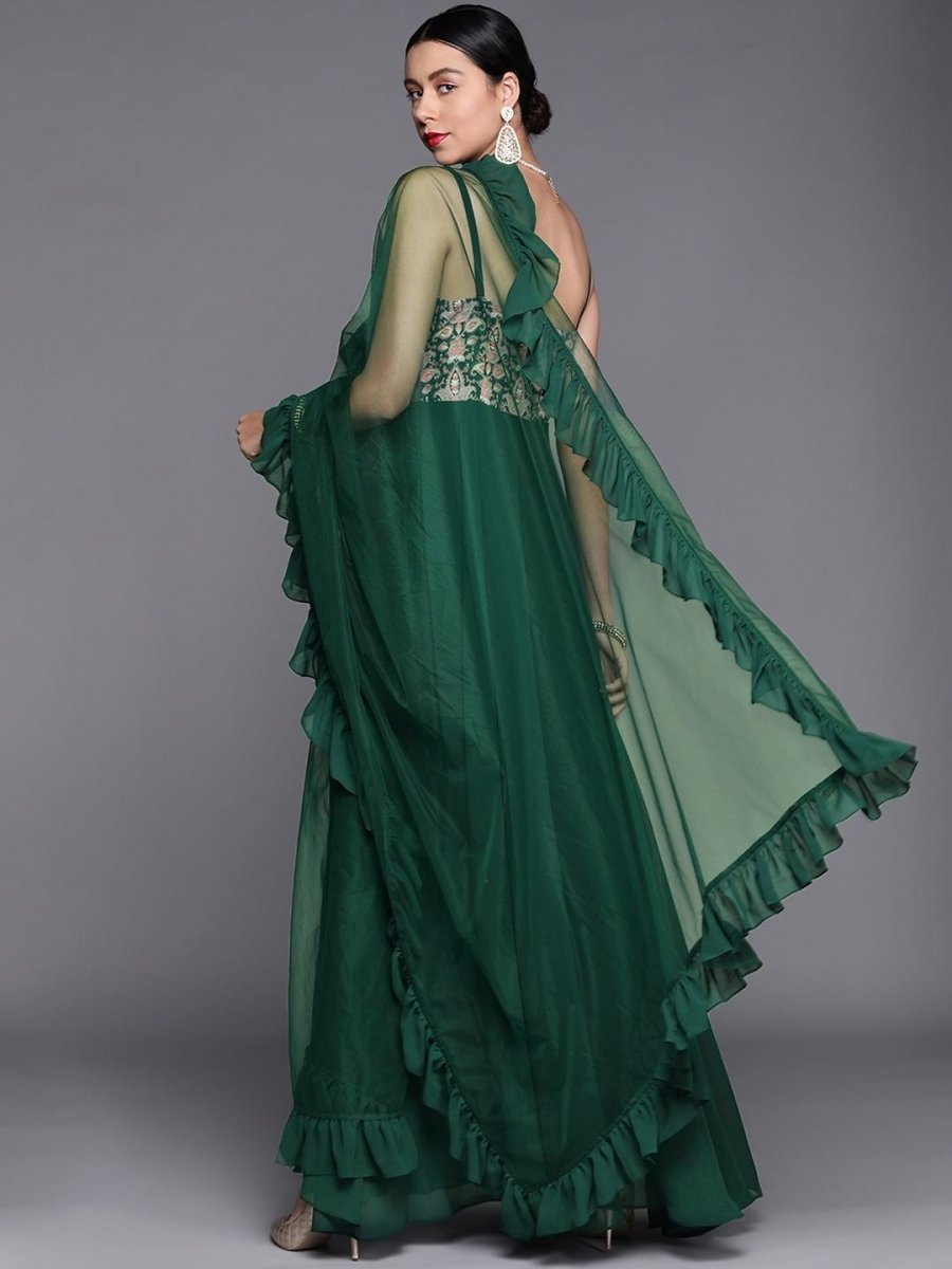 Bottle Green Embroidered Kurta with Net Dupatta - Inddus.com