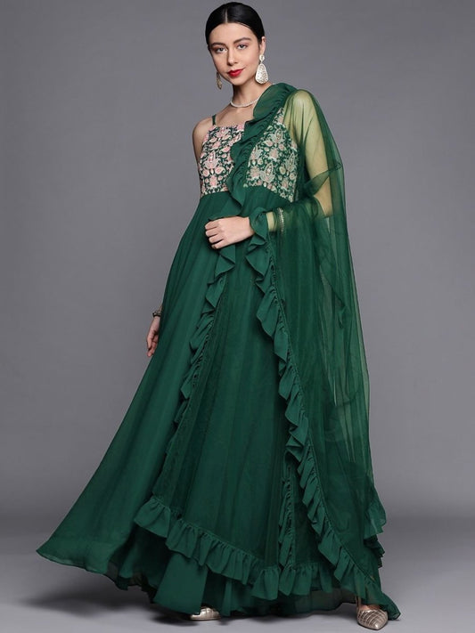 Bottle Green Embroidered Kurta with Net Dupatta - Inddus.com