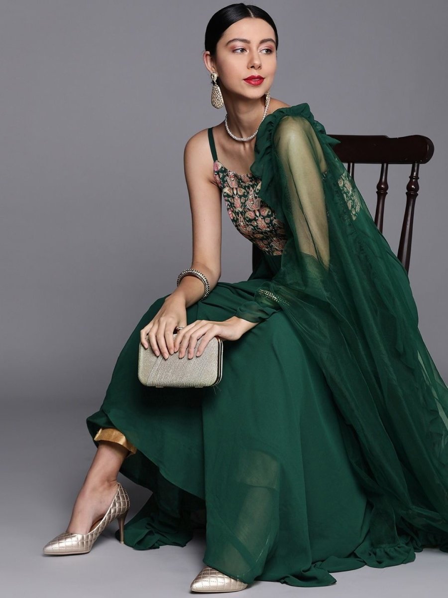 Bottle Green Embroidered Kurta with Net Dupatta - Inddus.com