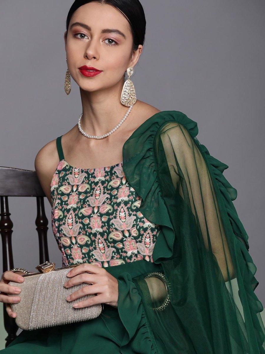 Bottle Green Embroidered Kurta with Net Dupatta - Inddus.com