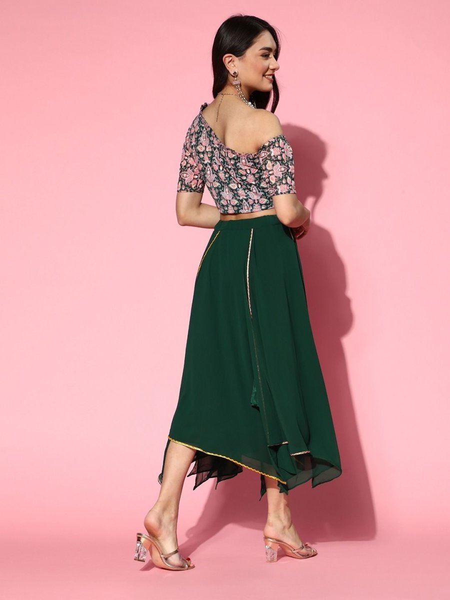 Bottle Green Embroidered Top with Solid Layered Skirt Inddus