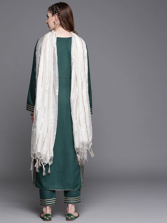 Bottle Green Gotta Detailed Kurta with Pants and Dupatta - Inddus.com