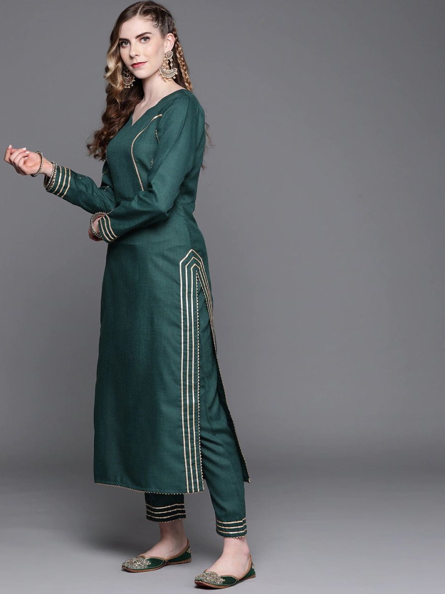 Bottle Green Gotta Detailed Kurta with Pants and Dupatta - Inddus.com