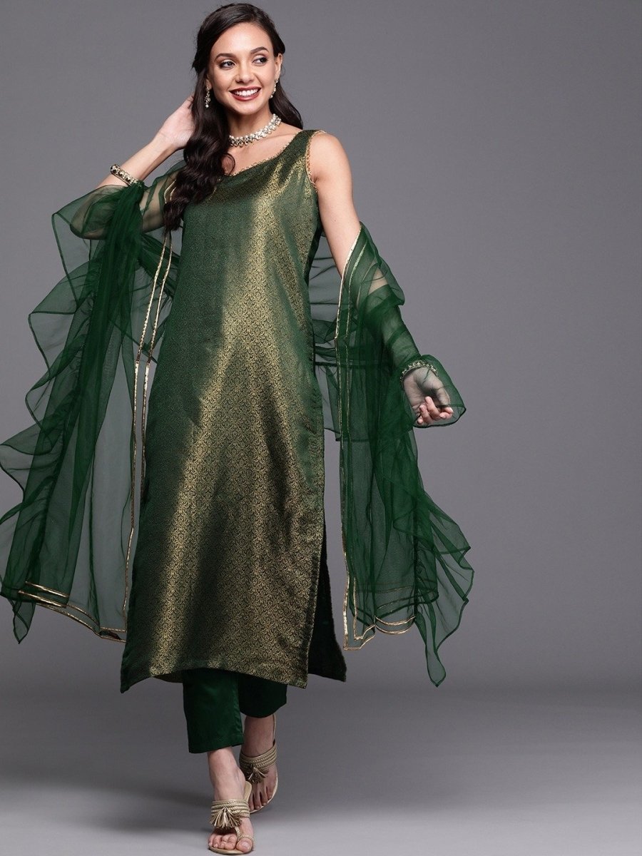 Bottle Green Kurta with Pants and Net Dupatta - Inddus.com