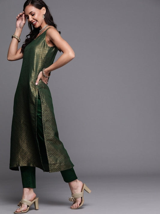 Bottle Green Kurta with Pants and Net Dupatta - Inddus.com