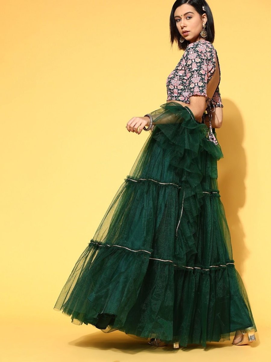 Bottle Green Net Lehenga with Blouse and Dupatta - Inddus.com