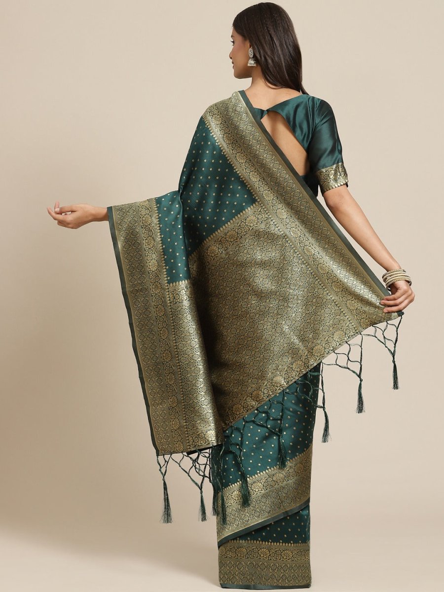 Bottle Green Polka Dot Zari Woven Banarasi Saree - Inddus.com