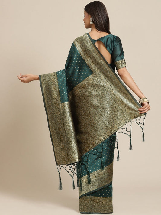 Bottle Green Polka Dot Zari Woven Banarasi Saree - Inddus.com