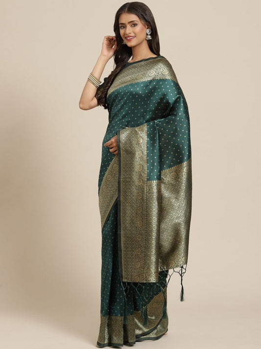 Bottle Green Polka Dot Zari Woven Banarasi Saree - Inddus.com