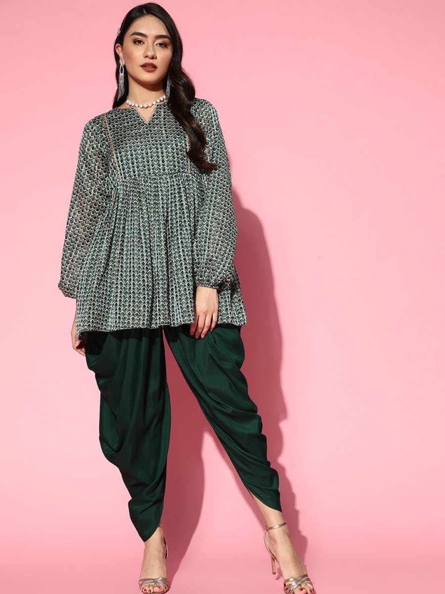 Bottle Green Printed Flared Kurta with Dhoti Pants - Inddus.com