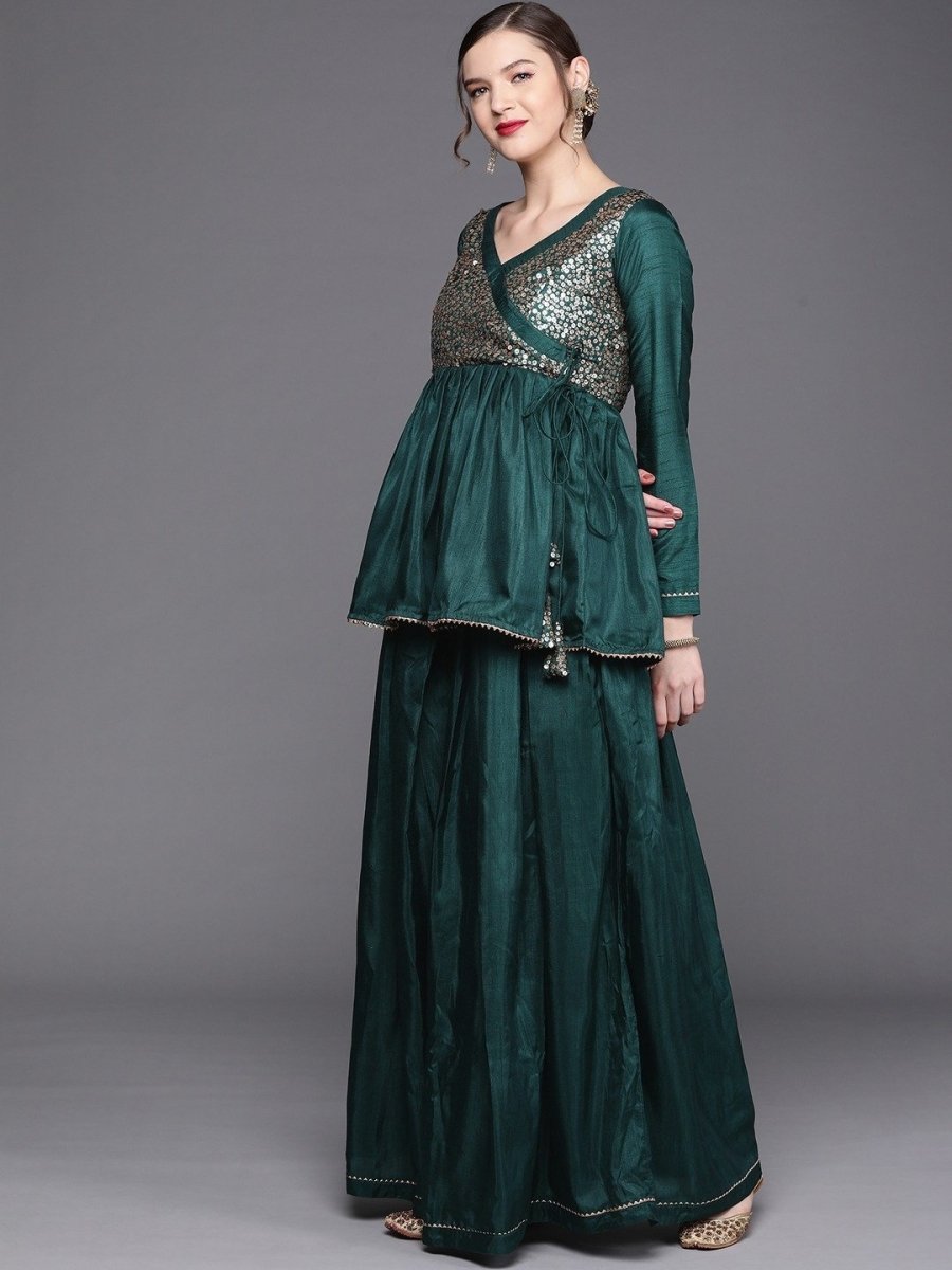 Bottle Green Sequinned Peplum Kurta with Sharara - Inddus.com