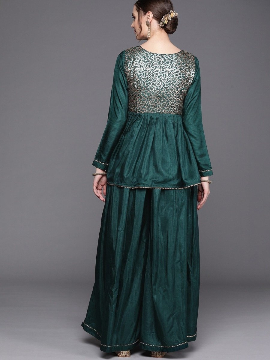 Bottle Green Sequinned Peplum Kurta with Sharara - Inddus.com