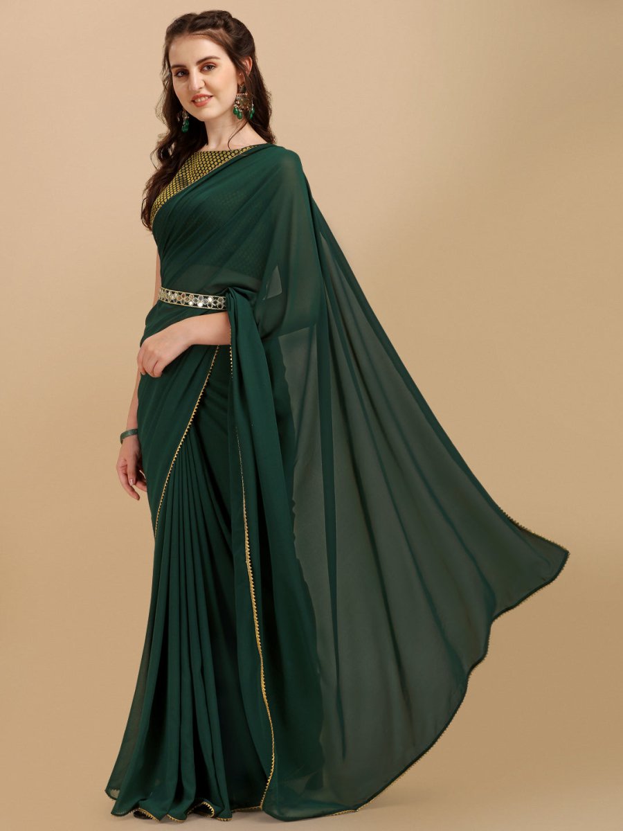 Bottle Green Woven Design Georgette Saree & Embellished Belt - Inddus.com